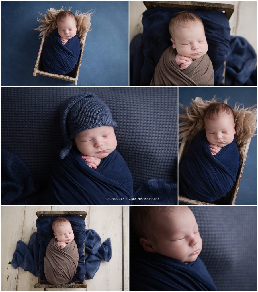 navy and brown themed newborn photography session with an 18 day old newborn baby boy; this baby boy was photographed by cherilyn haines photography in  her baton rouge, louisiana studio