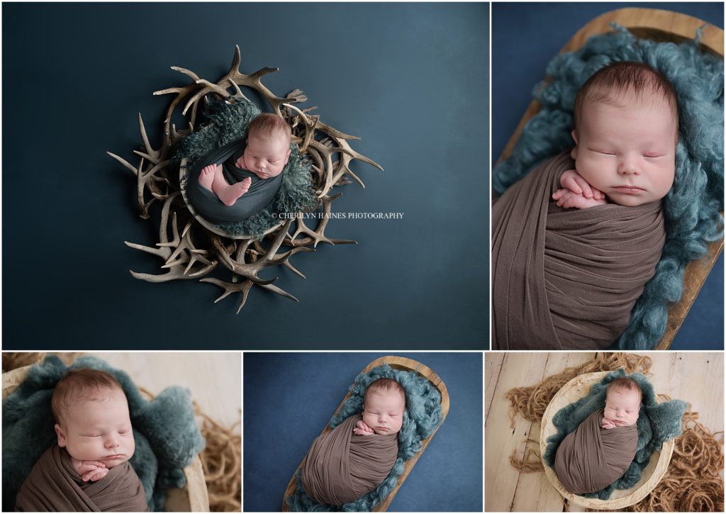 teal and brown themed newborn portrait session with cherilyn haines photography in new orleans, louisiana; baby boy is swaddled in brown and teal swaddles and placed in wooden bowls as well as a wreath made of deer antlers