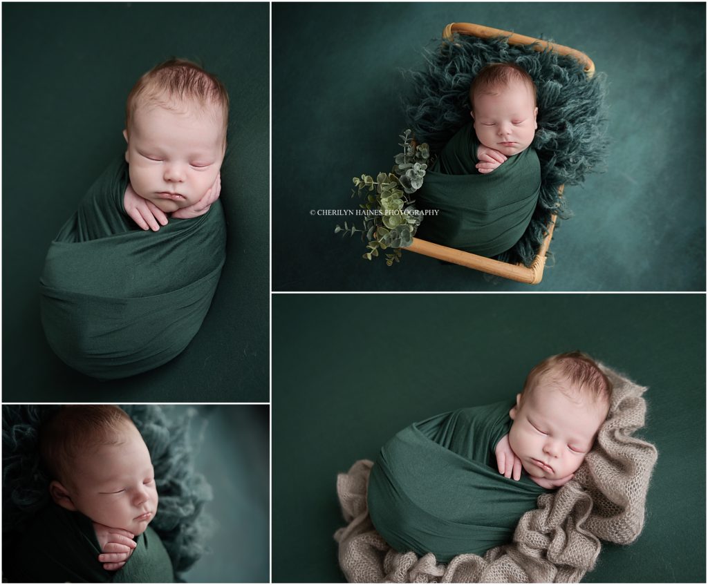 emerald green themed newborn portrait session photographed by cherilyn haines photography in baton rouge, louisiana; cherilyn photographs maternity, newborn, and baby sessions in the new orleans, louisiana and surrounding areas