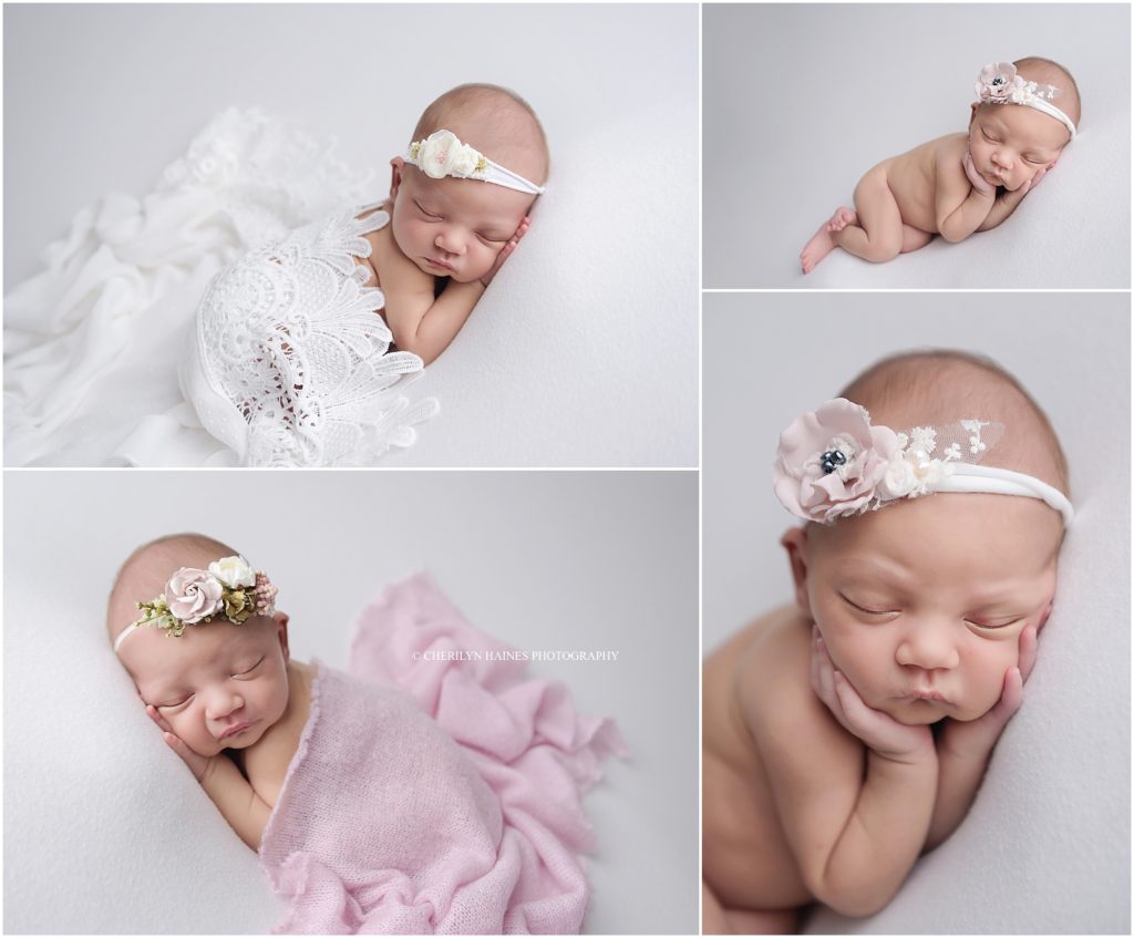 12 day old newborn baby girl photographed by cherilyn haines photography in baton rouge, louisiana; this newborn session was styled with pinks and whites as well as lace and floral details