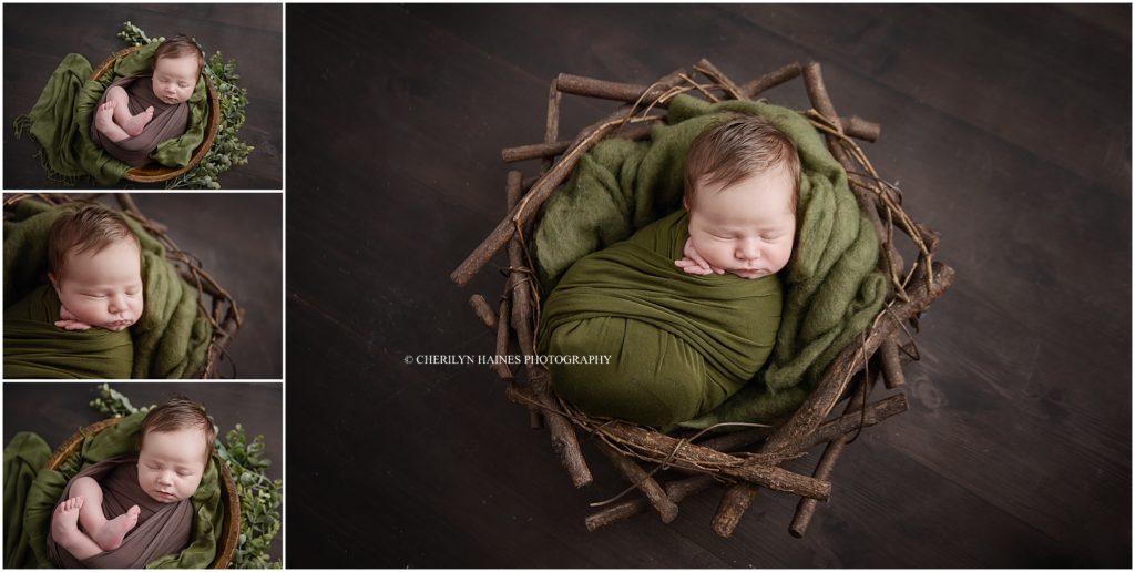 rustic themed newborn portrait session with cherilyn haines in new orleans, louisiana; baby is posed in green swaddle and brown swaddle in wooden wreath or dark brown wood floor surrounded by greenery