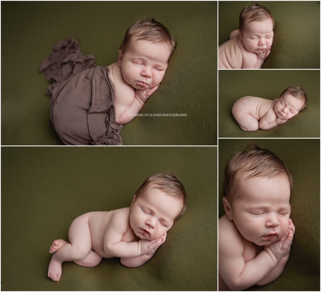newborn posing with cherilyn haines photography in baton rouge, louisiana; these are portraits of a 14 day old newborn baby photographed in her baton rouge, louisiana based studio on a green blanket