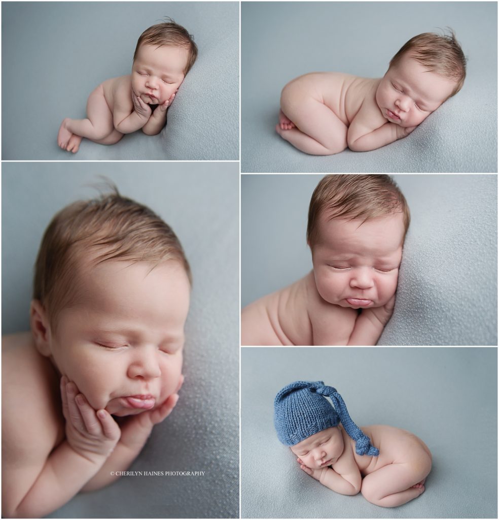 cherilyn haines photography; newborn session in hammond, louisiana with baby boy posed on light blue blanket; cherilyn haines photography is one of baton rouge, louisiana's premiere newborn and baby photographers