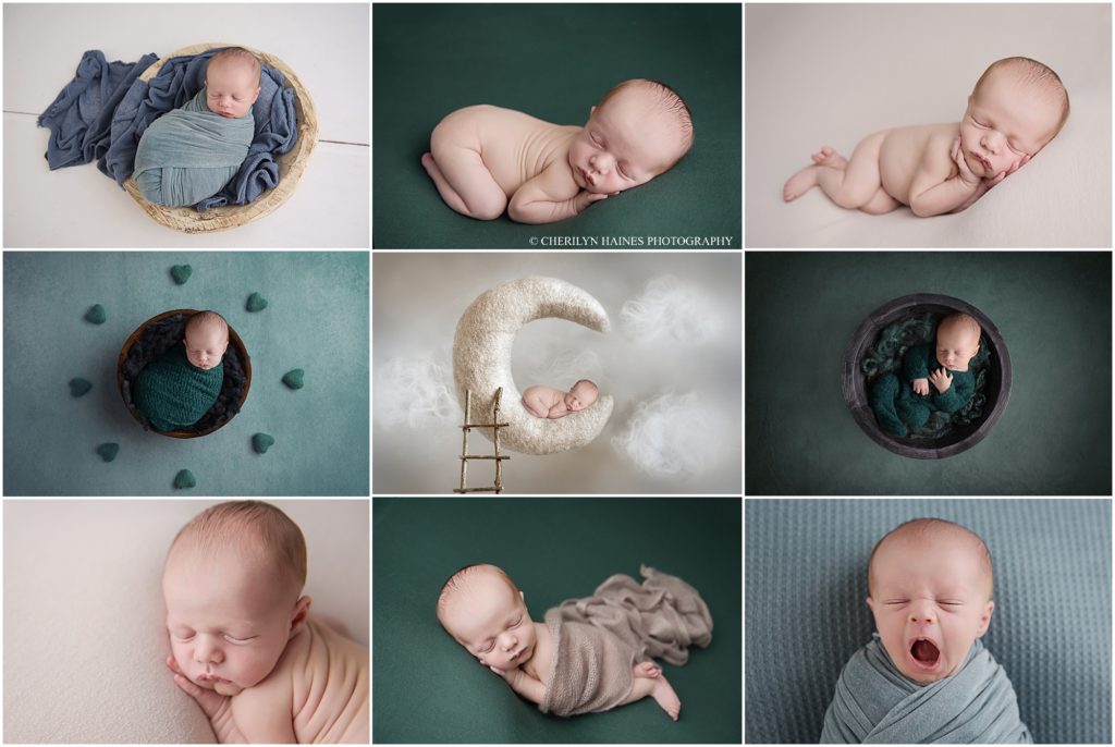 This sweet 9 day old newborn baby boy came from Mississippi to be photographed by Cherilyn Haines Photography in her Baton Rouge, Louisiana studio. His newborn portraits were styled with different shades of blue, emerald greens, and light neutrals. His mama also requested a sleeping on the moon image