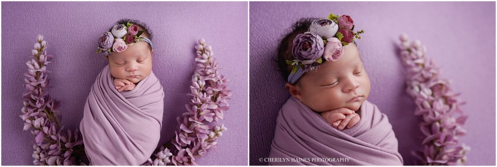 purple floral themed newborn portrait session in hammond, louisiana