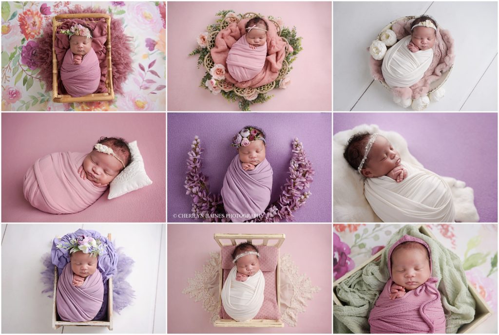 3 week old newborn baby girl is photographed in cherilyn haines photography's baton rouge, louisiana studio. This session was style with pinks and purples, including floral and lace accents.