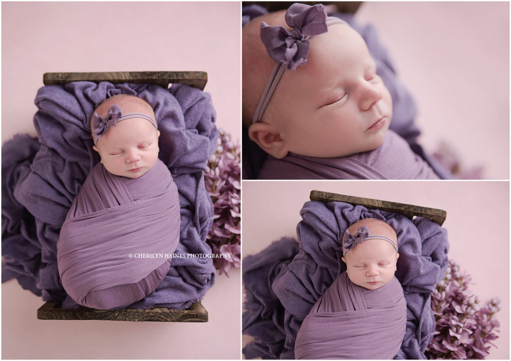 newborn session in baton rouge, louisiana styled with different shades of purple