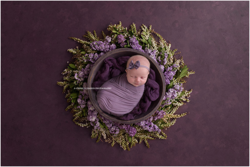 purple floral themed newborn portraits in new orleans, louisiana