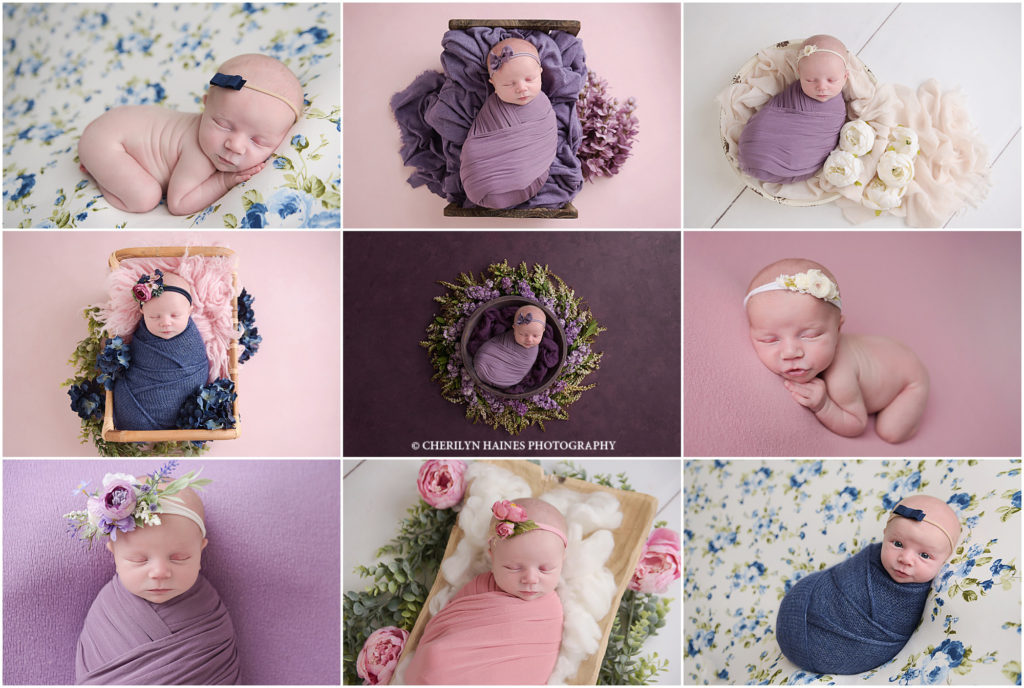 This 2 week old newborn baby girl was photographed by Cherilyn Haines Photography in her Baton Rouge, Louisiana newborn and baby studio. Her session was styled with soft pinks, dark blues, and purples. Lots of floral accents were used for her portraits to give it a very girly feel.