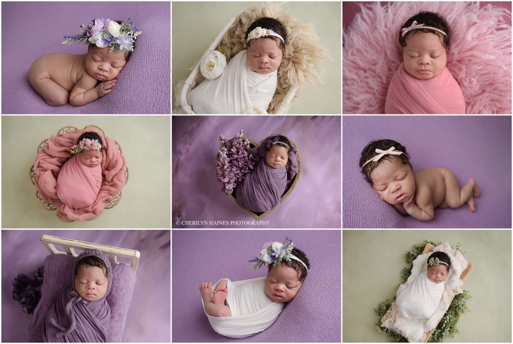 This 3 weeks old newborn baby girl was photographed by cherilyn haines photography in baton rouge, louisiana. Her session was styled with the colors purple, pink, light sage green, and white. Florals and greenery were incorporated into her newborn portraits as accents as well as headbands.
