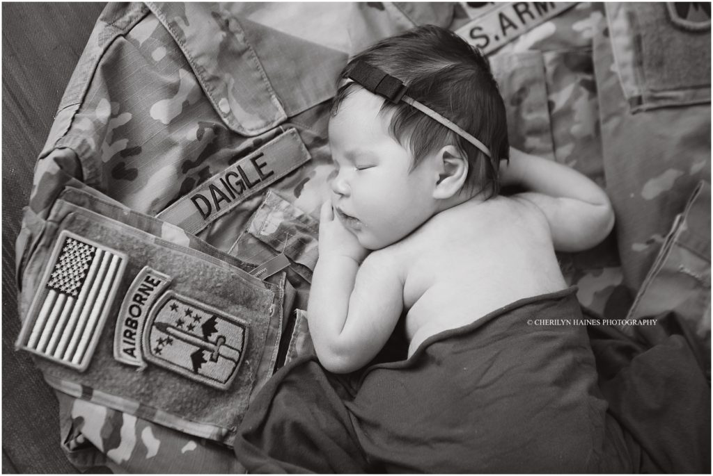 black and white military themed newborn portrait by cherilyn haines photography in new orleans, louisiana