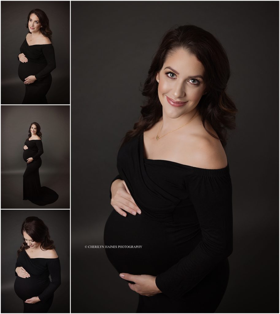 fine art maternity portraits taken by cherilyn haines photography in her baton rouge, louisiana studio; mama-to-be is wearing a long black form fitting maternity gown