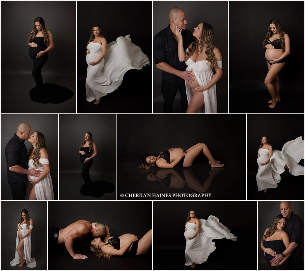 This pregnant mama was photographed at Cherilyn Haines Photography's studio in Baton Rouge, Louisiana. Her maternity session was styled with a darker, dramatic look. We did a combination of looks varying from a classic, form-fitting black maternity gown to white flowing satin fabric to a more sexy black bra and panty set. We included dad in a few of the maternity poses as well. Cherilyn Haines Photography is a fine art maternity studio who services the areas of Baton Rouge, Denham Springs, New Orleans, Hammond, Lafayette, Lake Charles, and Houston, Texas.