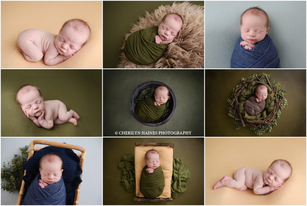 This is a 2 week old newborn baby boy who travelled from Hammond, Louisiana to be photographed by Cherilyn Haines in her Baton Rouge studio. His session used blues, greens, and warm yellows and he was posed on blankets as well as swaddled in wooden beds, bowls, and baskets. Cherilyn Haines is a photographer who specializes in fine art maternity, newborn, and baby portraits and services the areas of Baton Rouge, Denham Springs, Gonzales, Port Allen, New Orleans, Lafayette, and Lake Charles, as well as parts of Texas and Mississippi.