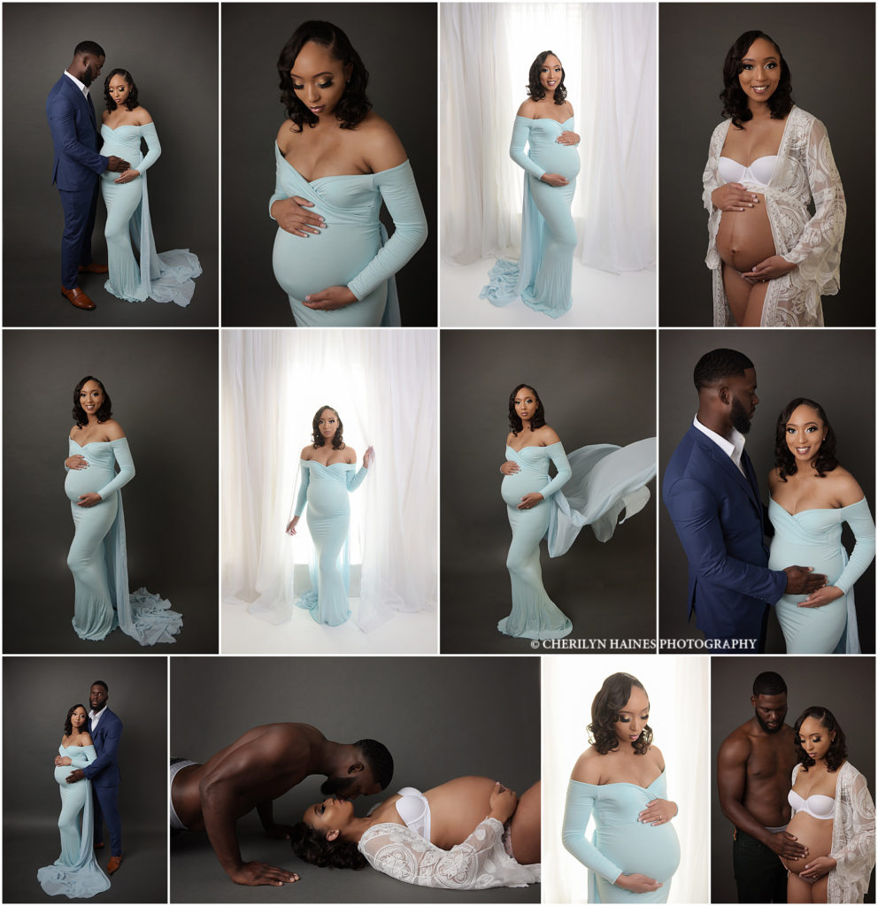 Studio maternity portrait session with Cherilyn Haines Photography in Baton Rouge, Louisiana. Mama-to-be is wearing a white lace robe as well as a light blue fitted maternity gown with a tossing train. Dad is wearing a dark blue suit to coordinate with mom's outfits. Cherilyn Haines Photography is a fine art studio specializing in maternity, newborn, and baby portraits and caters to the areas of Baton Rouge, Denham Springs, New Orleans, Hammond, Lake Charles, Lafayette, South Mississippi, and Houston, Texas.