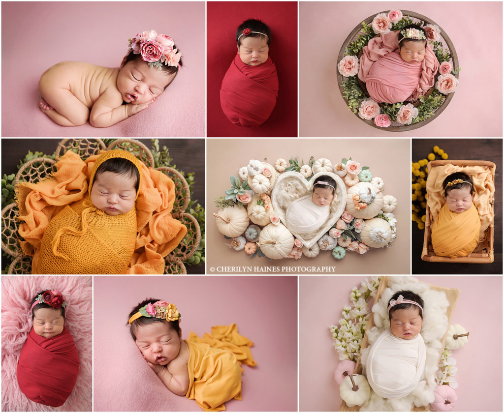 fall themed newborn portrait session incorporating reds, golden yellows, and pumpkins as well as pinks; 8 day old newborn baby girl with a full head of hair was photographed by cherilyn haines photography at her baton rouge, Louisiana studio. Cherilyn is a studio-light photographer who specializes in fine art maternity, newborn, and baby portraits in South Louisiana, South Mississippi, and the Houston, Texas areas. Cherilyn has been photographing the newborns and babies in the Baton Rouge area since 2012. 