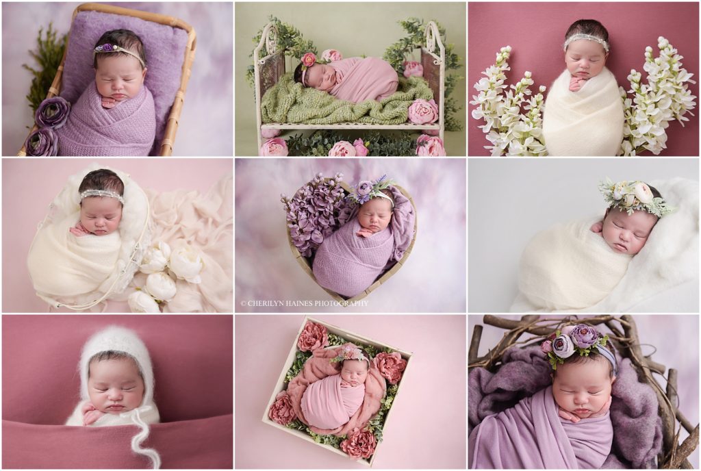 This beautiful 14 day old newborn baby girl was photographed by Cherilyn Haines Photography in her Baton Rouge, Louisiana studio. The session was styled with pinks, purples, and ivory and incorporated florals in all of the setups. The baby girl was swaddled in different colored swaddles to keep her nice and cozy. Cherilyn Haines Photography specializes in fine art maternity, newborn, and baby portraits and services areas of Denham Springs, New Orleans, Hammond, Lake Charles, Lafayette, and Gonzales, Louisiana, as well as South Mississippi and Houston, TX. 