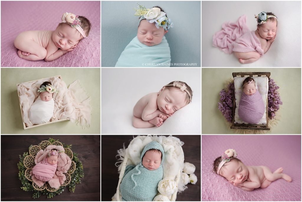 Baton Rouge, Louisiana newborn portrait session styled with pink, lavender, aqua, and light sage green. This 7 day old newborn baby girl was posed on lavender and white blankets with floral headbands and wraps. She was also swaddled in aqua and pink swaddles and posed in baskets and tiny wooden beds. This newborn session was photographed by Cherilyn Haines Photography in her Baton Rouge, Louisiana studio that specializes in maternity, newborn, and baby sessions.