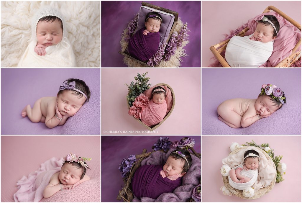 This two week old newborn baby girl was photographed at Cherilyn Haines Photography's Baton Rouge, Louisiana studio. Her session was styled with pinks, light purples, and deep plums. Floral accents as well as dainty headbands were added for a little extra touch to each image. Cherilyn Haines Photography services the areas of Baton Rouge, Denham Springs, Hammond, Lake Charles, Lafayette, and New Orleans, Louisiana as well as South Mississippi and Houston, Texas.