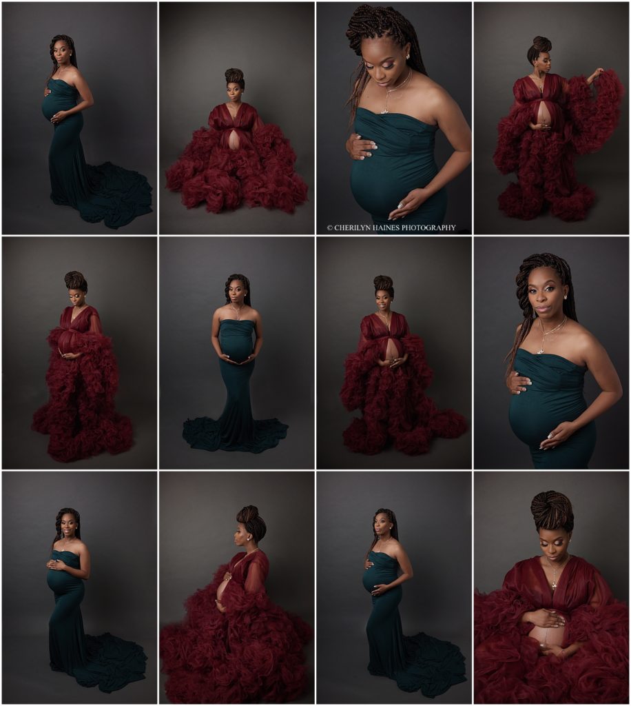 Fine art maternity portrait session in Baton Rouge, Louisiana with Cherilyn Haines Photography. Pregnant mom is wearing two gown's from Cherilyn's studio collection. Once gown is a emerald green form-fitting sweetheart neck gown. The second gown is a couture Katharina Hakaj deep red robe. Cherilyn in a fine art maternity, newborn, and baby photographer who services Baton Rouge, Denham Springs, New Orleans, Hammond, Lake Charles, Lafayette, and Gonzales, Louisiana as well as Houston, Texas. 