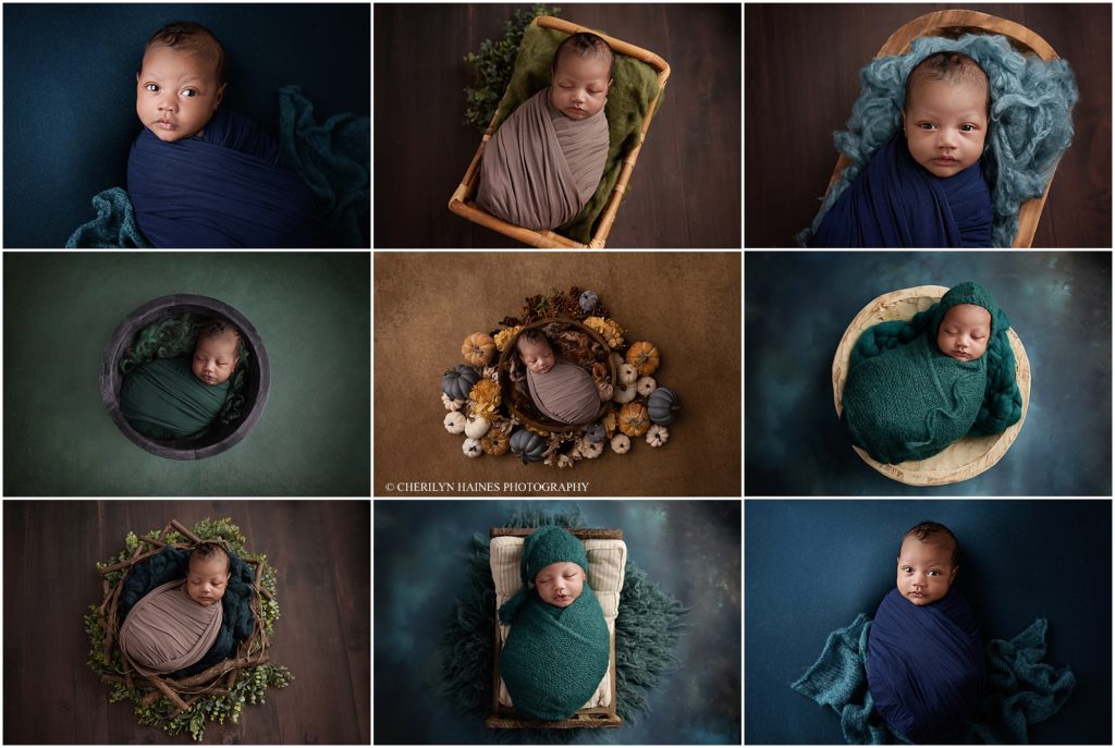 1 month old newborn baby boy photographed by cherilyn haines photography in baton rouge, louisiana. This baby boy's session was styled with deep blues, dark emerald greens, and browns with a few fall-ish accents. Cherilyn Haines Photography is a fine art maternity, newborn, and baby photographer who services the areas of Baton rouge, Denham Springs, New Orleans, Hammond, Lafayette, Lake Charles, and Houston, Texas. 