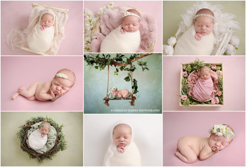 Two week old newborn baby girl is photographed by cherilyn haines photography at her studio in Baton Rouge, Louisiana. This baby girl is photographed posed on a pink blanket as well as swaddled in different props with floral accents. The session is styled with pinks, white, and soft greens.