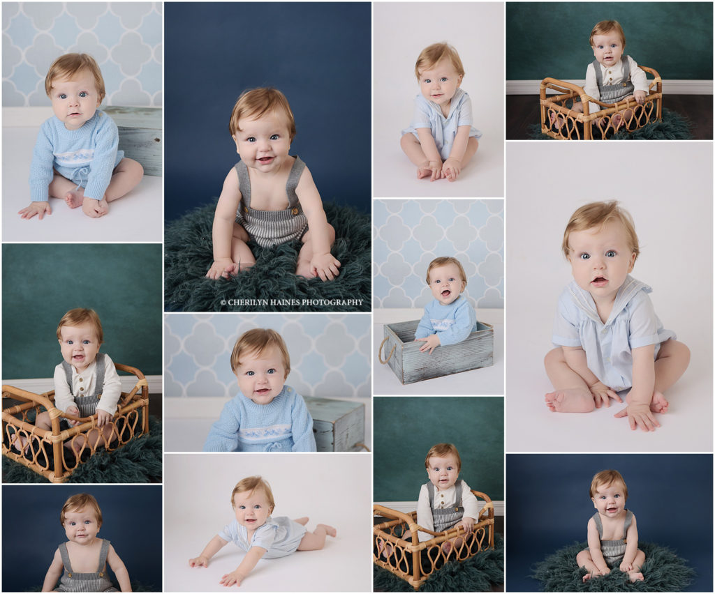 6 month old baby boy is photographed by cherilyn haines photography at her baton rouge, louisiana studio. He was photographed on 4 different backdrops and is also sitting in a couple of different props. This baby is one of Cherilyn's baby plan members so will be photographed again when he is 1 year old. 