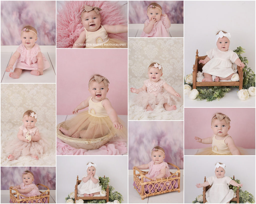 6 month old baby girl is photographed by cherilyn haines photography in baton rouge, louisiana. Her first session was as a newborn baby and she came back to Cherilyn Haines' Baton Rouge, Louisiana studio for her next session. She is styled in 4 different beautiful dresses and posed on pink floral backdrops. 