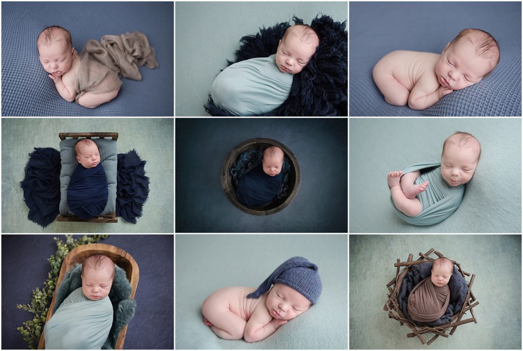 3 week old newborn baby boy came from Hammond, Louisiana to Cherilyn Haines Photography's Baton Rouge, Louisiana photography studio for his first portrait session. His session was styled with different shades of blues and he was posed in different props and on different blankets while he slept through the whole session.