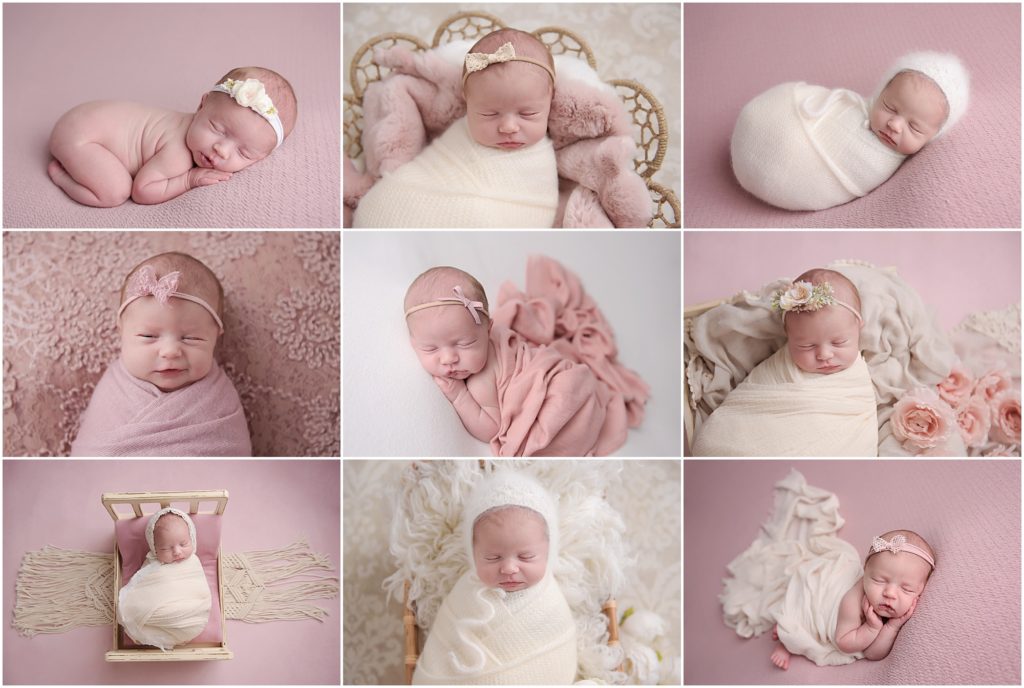 13 day old newborn baby girl is photographed by cherilyn haines photography at her baton rouge, louisiana photography studio. She is photographed sleeping on pink and white blankets in different poses. She was also photographed swaddled in baskets as well as a tiny wooden bed. 