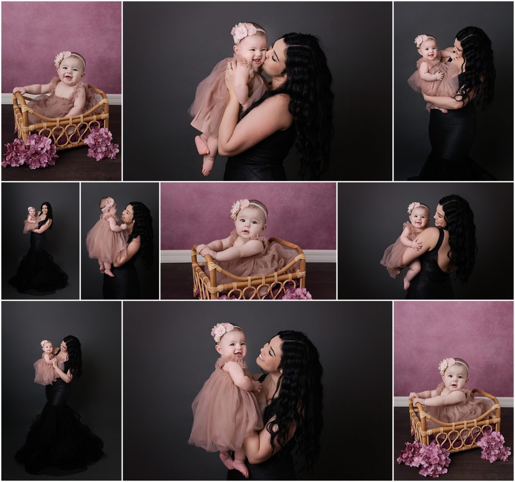 Mommy & Me session photographed by Cherilyn Haines Photography in her Baton Rouge, Louisiana studio. Mom wore a form fitting black formal gown with a tulle skirt and baby girl wore a coordinating rose colored tulle dress. Cherilyn Haines Photography offers mommy & me sessions in Baton Rouge, Denham Springs, Hammond, Lake Charles, New Orleans, Gonzales, and Lafayette, Louisiana.