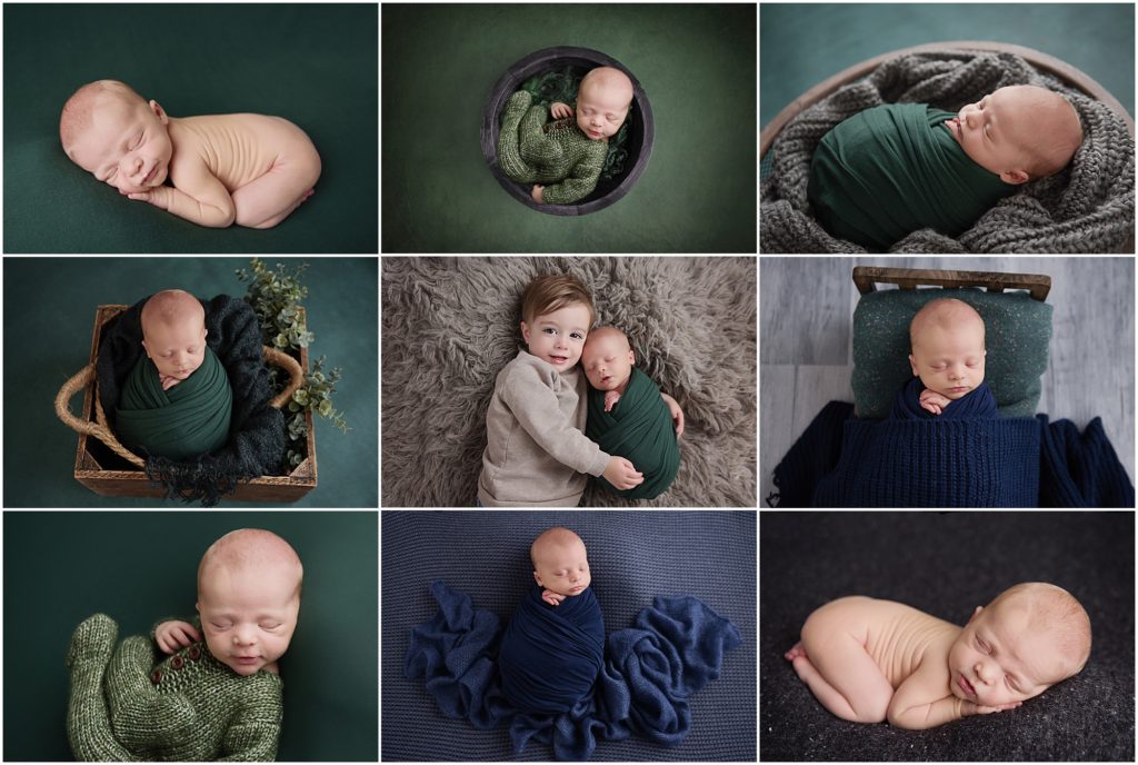 2 week old newborn baby boy is photographed in Baton Rouge, Louisiana by Cherilyn Haines Photography. This newborn session was styled with deep greens, navy blues, and dark grays. The baby boy was photographed posed on blankets, swaddled in baskets, and also wearing a dark green crochet romper. The newborn baby was also photographed with his older 2 year old brother holding him. Cherilyn is a fine art maternity, newborn, and baby photographer in the Baton Rouge, New Orleans, and surrounding areas.