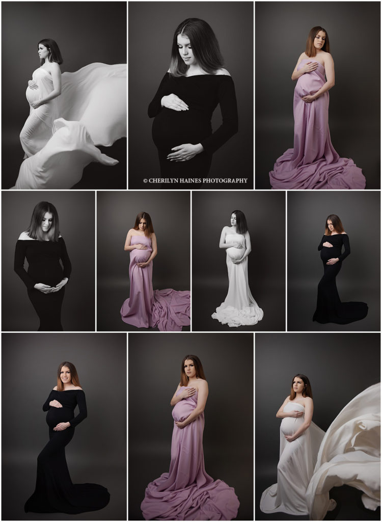 Gorgeous pregnant mama from Lafayette, Louisiana is photographed by Cherilyn Haines Photography at her Baton Rouge studio. She is photographed in a black form fitting gown first and then is photographed in white soft silk tossing fabric. Cherilyn is a fine art maternity photographer servicing Baton Rouge, Denham Springs, New Orleans, Lafayette, Lake Charles, and Gonzales, Louisiana as well as Houston, Texas.