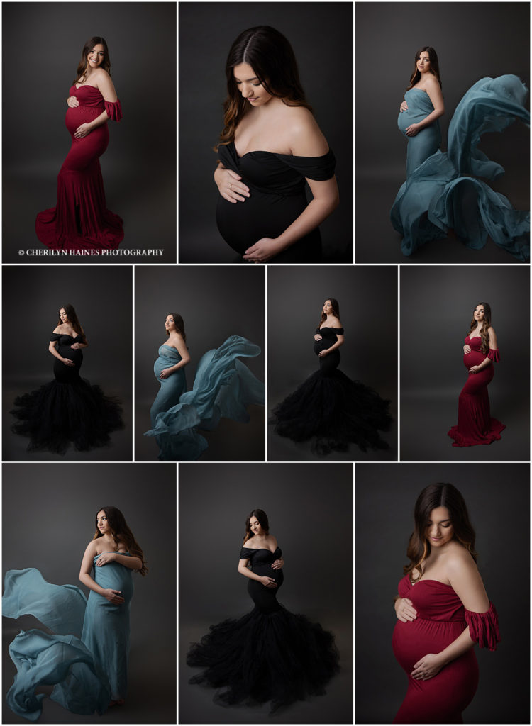Gorgeous brunette mom-to-be is photographed at Cherilyn Haines Photography's studio in Baton Rouge, Louisiana wearing some of the new studio gown collection. She is photographed in a black strapless dress with a full tulle skirt as well as a fitted deep red dress with a sweetheart neckline. Cherilyn Haines Photography specializes in fine art maternity portraits in the Baton Rouge area, including Denham Springs, New Orleans, Lafayette, Lake Charles, and Houston, TX.