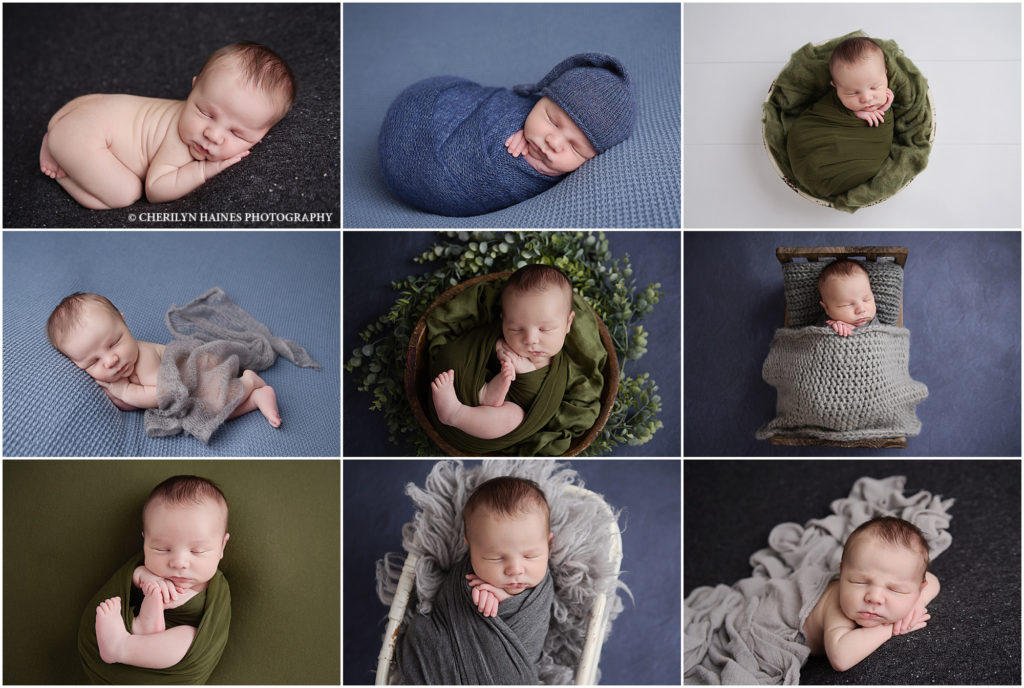 This 14 day old baby boy was photographed by Cherilyn Haines Photography in New Orleans, Louisiana. The newborn baby was photographed posed on gray and blue blankets as well as swaddled and posed in different buckets, baskets, and a tiny wooden doll bed. Newborns are best photographed during their first 3 weeks to keep them super sleepy during their session.