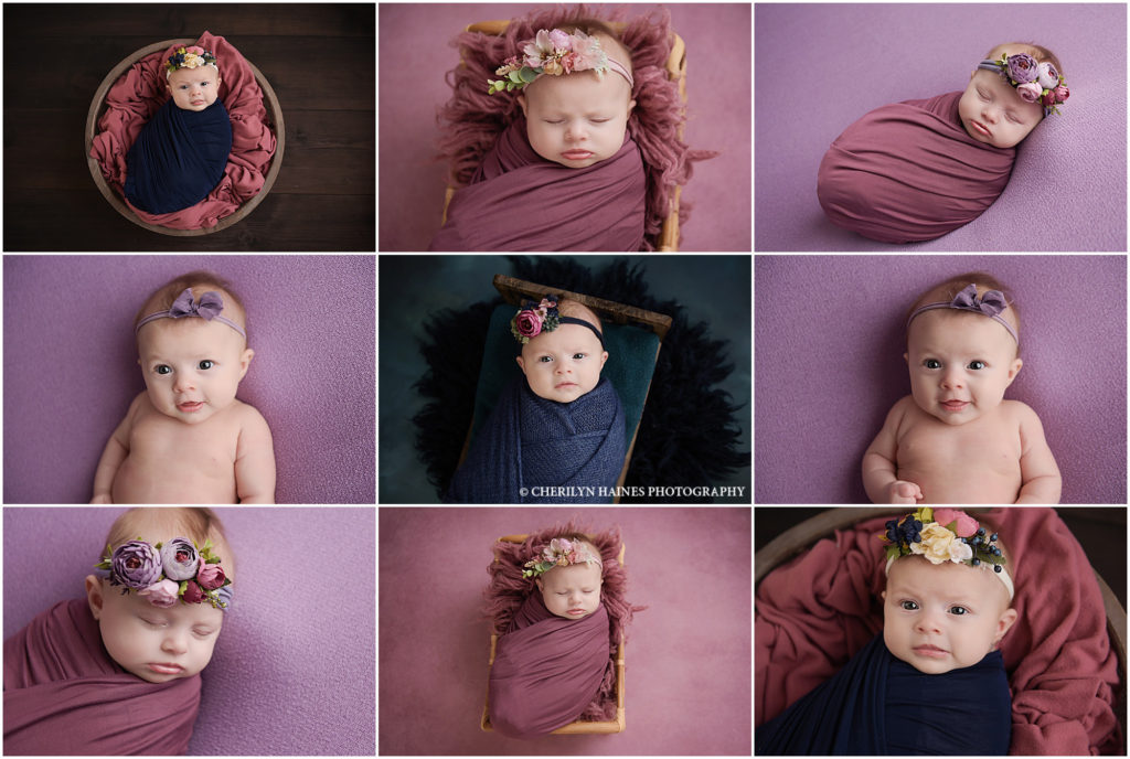 10 week old newborn baby girl is photographed by Cherilyn Haines Photography at her Baton Rouge, Louisiana studio. She was photographed both awake and sleeping, posed on blankets and swaddled in props like tiny wooden beds and bowls. Cherilyn is a fine art maternity, newborn, and baby photographer in the New Orleans, Louisiana area.