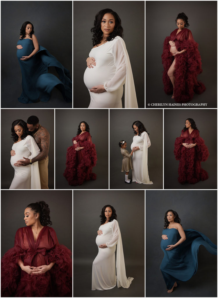 Gorgeous pregnant mama photographed at Cherilyn Haines Photography's studio in Baton Rouge, Louisiana. This mama-to-be was photographed in a regal long sleeve white gown, a designer deep burgundy ruffled robe, and a deep blue silky tossing fabric. Cherilyn photographs maternity sessions in Baton Rouge, Denham Springs, New Orleans, Hammond, Lake Charles, and Lafayette, Louisiana.