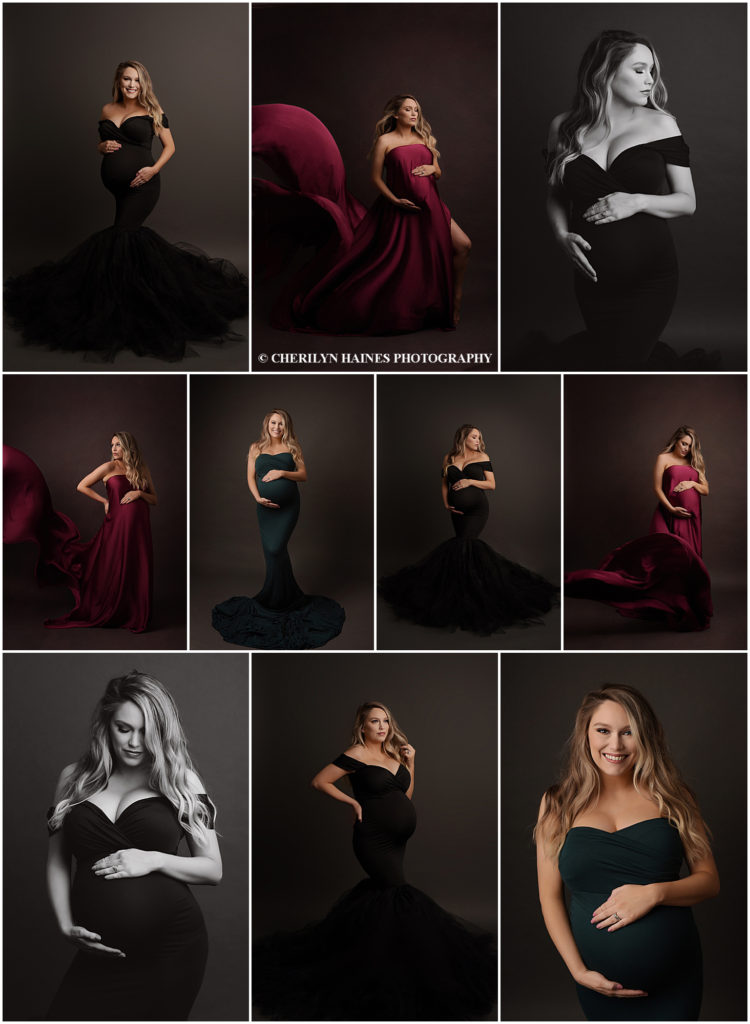 This maternity session was photographed by Cherilyn Haines Photography in Baton Rouge, Louisiana. Cherilyn photographs newborns, babies, and mamas-to-be in Baton Rouge, New Orleans, Lafayette, and Lake Charles, Louisiana as well as Houston, Texas and Southwest, Mississippi. Taylar is photographed in a fitted black maternity gown with a sweetheart neckline, fitted bodice, and full tulle skirt. She is also photographed in a fitted emerald green strapless maternity gown as well as a berry colored tossing fabric. 