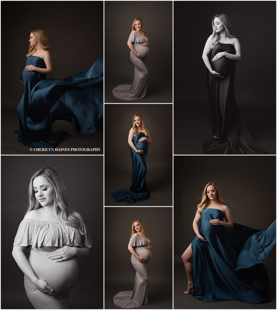 Pregnant mom photographed in Cherilyn Haines Photography's Baton Rouge studio for her fine art maternity portrait session. She was photographed in a gray off the shoulder fitted maternity gown. She also was photographed in a deep blue silk satin fabric that was tossed for a dramatic effect. Cherilyn Haines Photography photographs maternity sessions in Baton Rouge, Denham Springs, Hammond, Metairie, New Orleans, Lafayette, and Lake Charles, Louisiana.