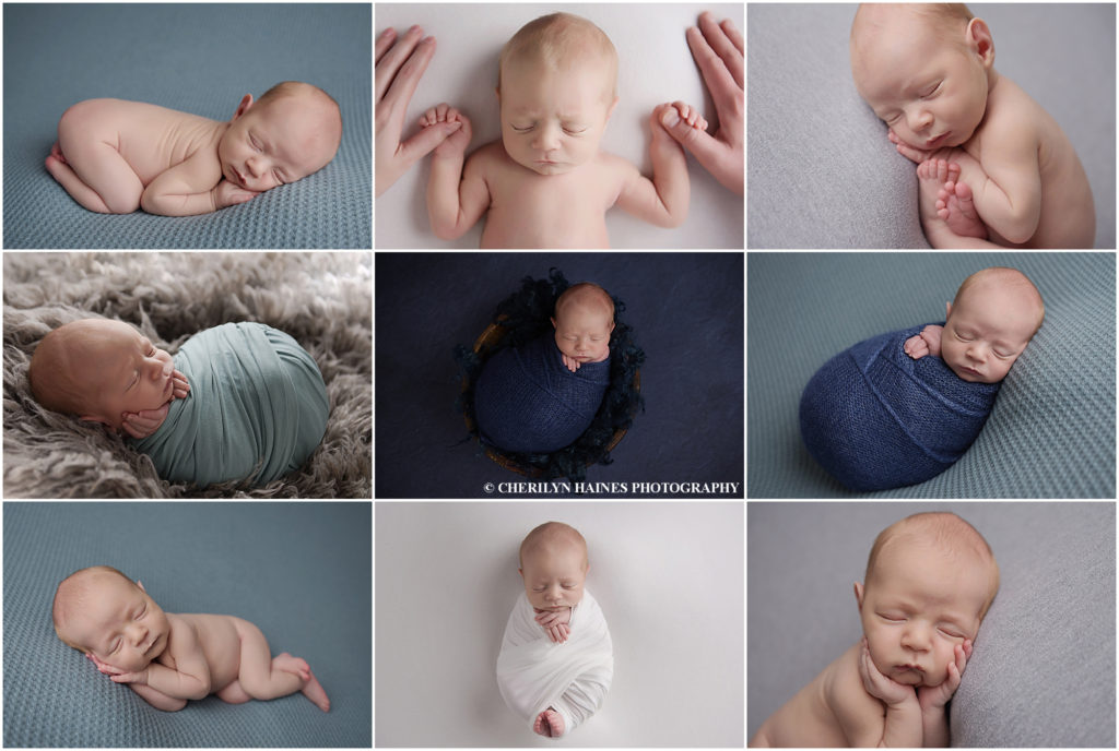 Two week old newborn baby boy is photographed by Cherilyn Haines Photography. This newborn baby boy is photographed while sleeping posed on blue, gray, and white blankets as well as swaddled in navy and white swaddles. Baby boy holds his mom and dad's thumbs for one picture while he is sleeping. Cherilyn Haines photographs newborns and babies at her studio in Baton Rouge, Louisiana.