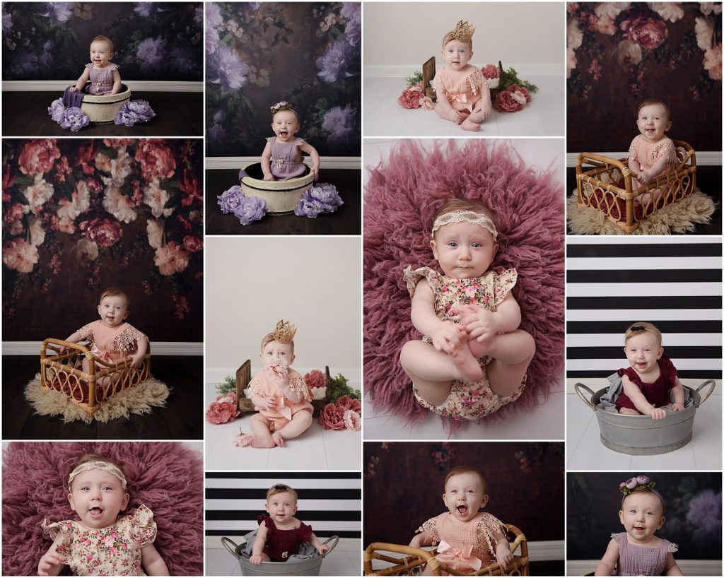 This six month old baby girl is photographed by Cherilyn Haines Photography at her Baton Rouge, Louisiana studio. She is a member of Cherilyn's baby plan so this is the second time she has had a session here. She is photographed on a purple floral backdrop, another backdrop with pink and cream flowers, and a black and white striped backdrop. Cherilyn is a fine art maternity, newborn, and baby photographer who services the areas of Baton Rouge, Denham Springs, New Orleans, Lafayette, and Lake Charles, Louisiana as well as Southwest Mississippi and Houston, Texas. 