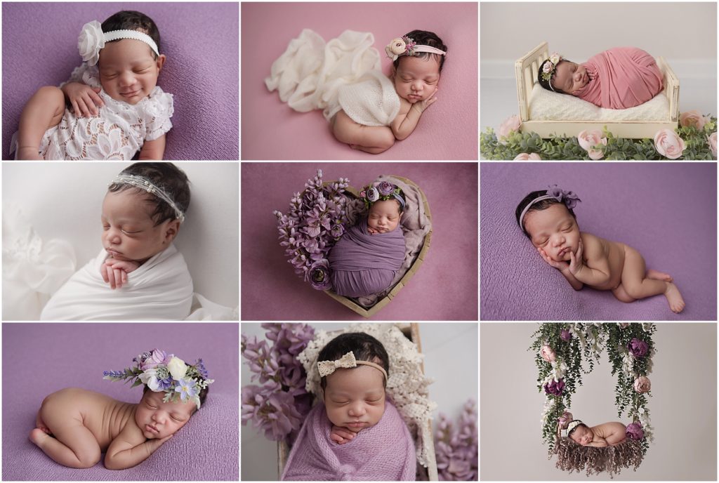 This 25 day old newborn baby girl was photographed by Cherilyn Haines Photography at her Baton Rouge, Louisiana studio. Her session was styled with pinks, purples, and whites with girly floral accents. She is photographed posed sleeping on pink and white blankets and is also photographed laying on a floral swing and in a wooden heart-shaped bowl. Cherilyn Haines Photography specializes in fine art maternity, newborn, and baby portraits in Baton Rouge, Denham Springs, Hammond, New Orleans, Lake Charles, and Lafayette, Louisiana.