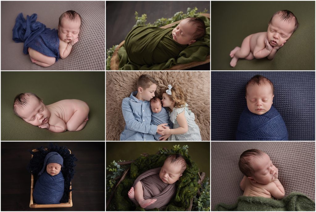 Two week old newborn baby boy is photographed at his newborn portrait session in Baton Rouge. Cherilyn Haines Photography photographed him on green, blue, and brown blankets. August slept through his whole session so he was photographed sleeping posed as well as swaddled in different props. Big brother and big sister also jumped in and snuggled him for a few pictures. Cherilyn Haines Photography in one of Baton Rouge, Louisiana's best maternity, newborn, and baby photographers and also photographs babies from Denham Springs, Hammond, New Orleans, and Lafayette, Louisiana as well as Houston, Texas.