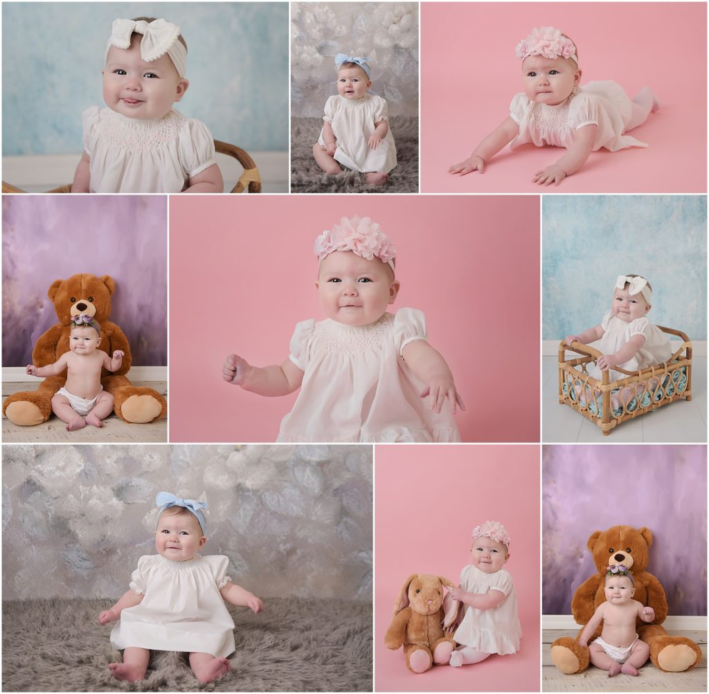6 month old baby girl is photographed by Cherilyn Haines at her Baton Rouge, Louisiana photography studio. This baby girl is a member of Cherilyn's baby plan so she was first photographed as a newborn and will also come back for her 1 year portraits. This happy girl was photographed in beautiful white smocked dresses and was posed with backdrops in aqua, pink, purple, and a grey and light blue floral backdrop. Cherilyn Haines Photography services the areas of Denham Springs, New Orleans, Hammond, and Lafayette, Louisiana.