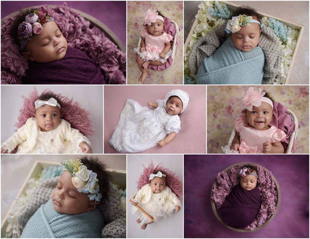 3 month old newborn baby girl is photographed by Cherilyn Haines Photography. This baby girl is photographed in her baptism gown as well as a pink floral dress. Halfway through her session she fell asleep so Cherilyn swaddled her and did a couple of floral setups while she was sleeping. Cherilyn is a fine art maternity, newborn, and baby photographer in the Baton Rouge, Louisiana area who also offers a Baby Plan.