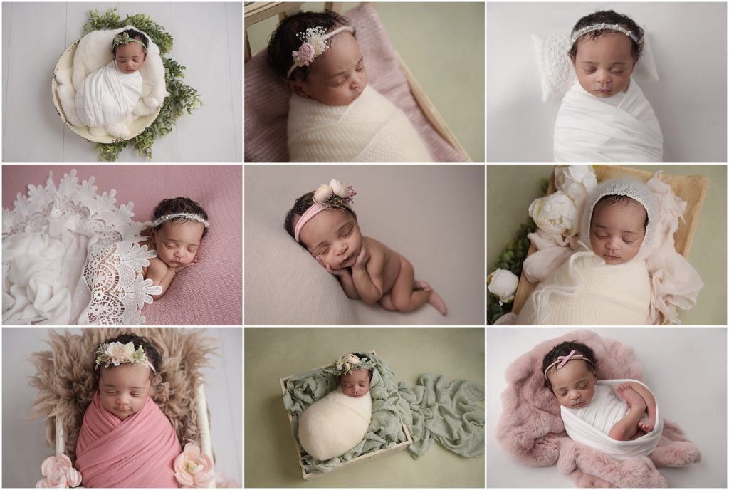 15 day old newborn baby girl was photographed at the studio of Cherilyn Haines Photography. Cherilyn is a fine art maternity, newborn, and baby photographer who services Baton Rouge, Denham Springs. Hammond, Lake Charles, Lafayette, and Port Allen, Louisiana. This baby girl is photographed sleeping on pink and nude blankets. She is also photographed swaddled and laying in a white bowl with greenery, in a wooden box with sage green accents, and with white lace draped over her. 