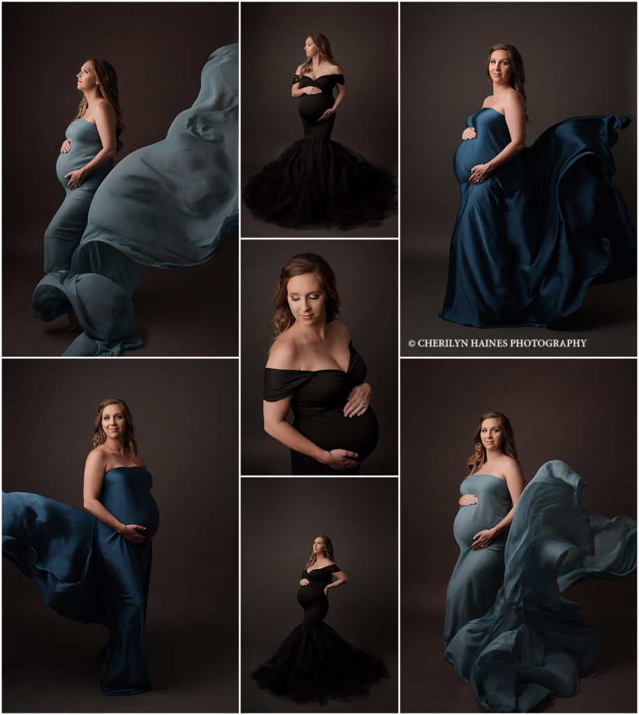 Pregnant mom is photographed by Cherilyn Haines at her photography studio in Baton Rouge, Louisiana. Cherilyn is a fine art maternity, newborn, and baby photographer who services the areas of Baton Rouge, Denham Springs, New Orleans, Hammond, Lake Charles, Lafayette, and Metairie, Louisiana as well as Houston, Texas and Southwest Mississippi. This beautiful mom was photographed wearing a black form fitting maternity gown with a full tulle bottom. She was also photographed in two shades of blue silk fabrics for tossing. 