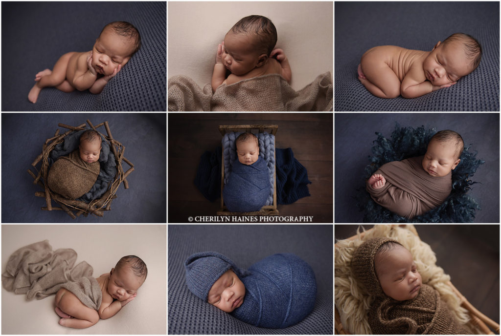 12 day old newborn baby boy is photographed in Baton Rouge, Louisiana by Cherilyn Haines Photography. His newborn session is styled with blues, navy, and shades of brown and he is posed both swaddled in props and posed on blue and tan blankets. Cherilyn is an award-winning fine art newborn, baby, and maternity photographer who services Denham Springs, Walker, Baton Rouge, Hammond, Lake Charles, Gonzales, Metairie, New Orleans, and Lafayette, Louisiana. 
