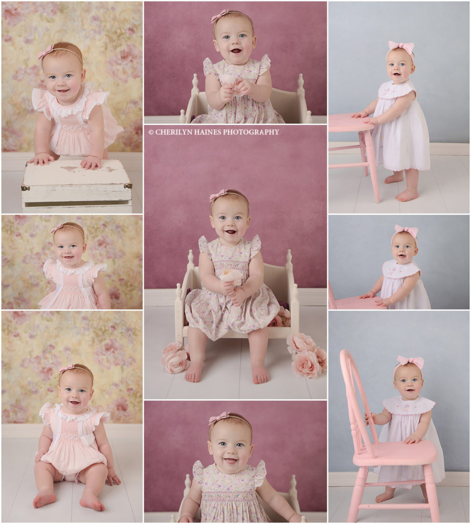 1 year old baby girl photographed by Cherilyn Haines Photography at her Denham Springs, Louisiana studio. This baby girl was photographed by Cherilyn as a newborn and now again at a year old. She is photographed in front of a floral backdrop, a rose colored backdrop, and a baby blue backdrop. She is photographed both standing by a pink chair and sitting on a tiny wooden daybed. Cherilyn is a fine art baby photographer in Baton Rouge who also photographs clients from Denham Springs, New Orleans, Hammond, Lake Charles, and Lafayette, Louisiana.