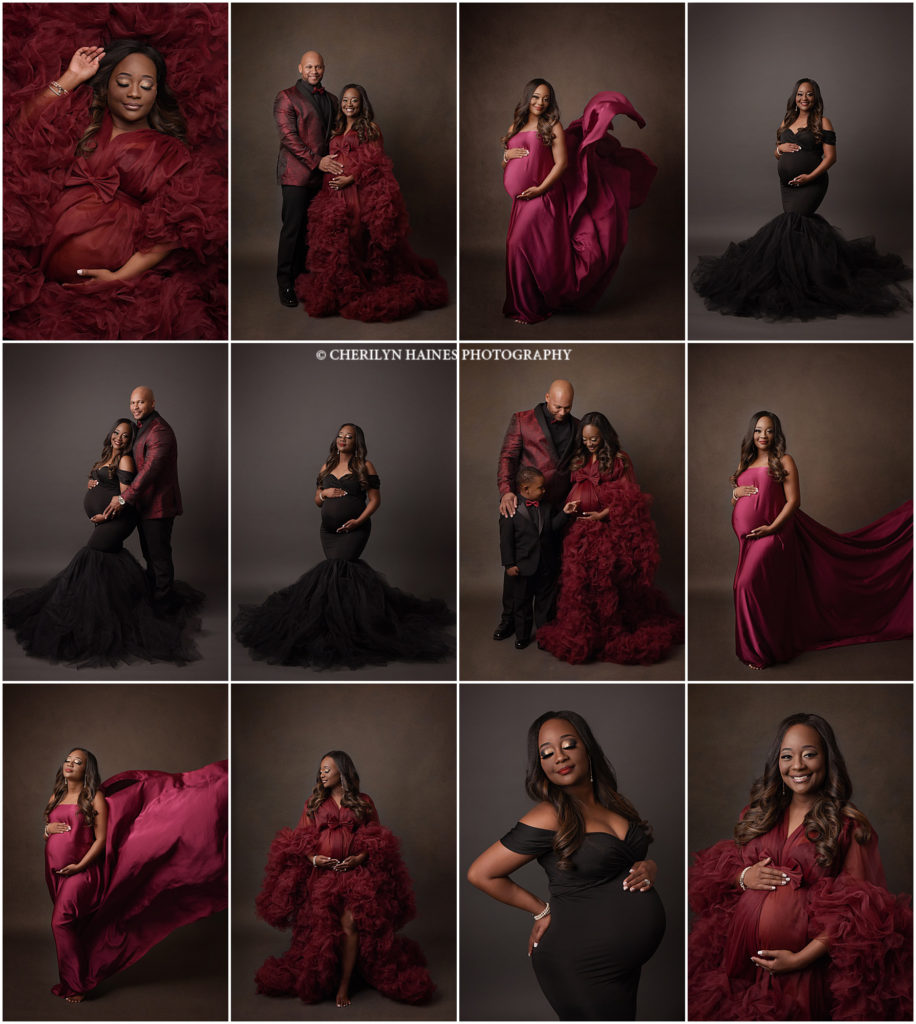 Stunning pregnant mom is photographed by Cherilyn Haines at her Baton Rouge, Louisiana studio. This fine art maternity session was done when mom was 34 weeks pregnant. Dad and big brother both wore tuxedos that coordinated with the maternity gowns that mom wore. Mom wore a mermaid style fitted black gown with a tulle bottom. She also work a burgundy full maternity robe as well as a tossing fabric made of wine colored silk satin. Cherilyn Haines Photography is a fine art maternity, newborn, and baby photographer who services Baton Rouge, Denham Springs, New Orleans, Hammond, Lake Charles, and Lafayette, Louisiana as well as Houston, Texas.